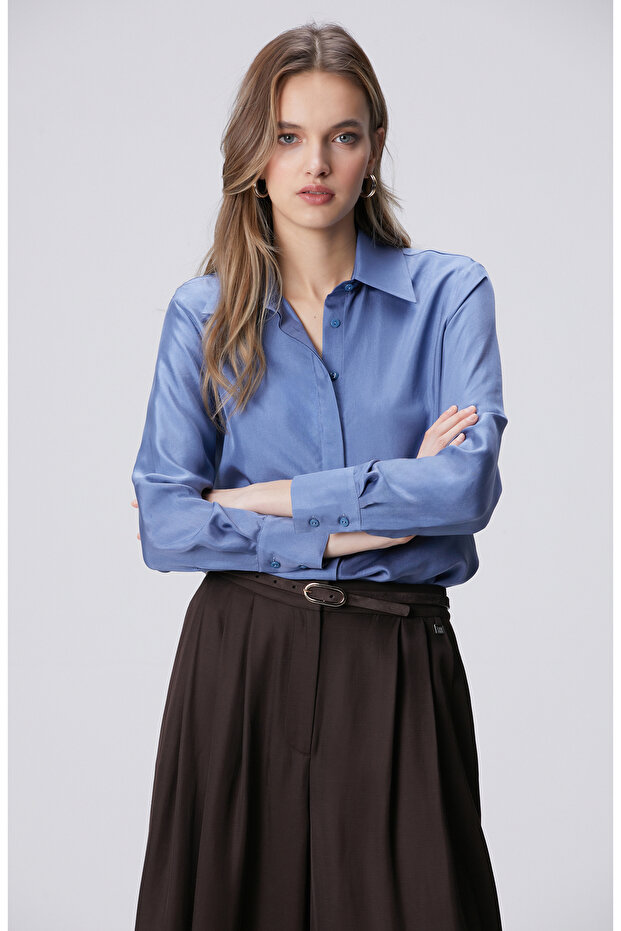 Limited Mavi İpek Gömlek - 4