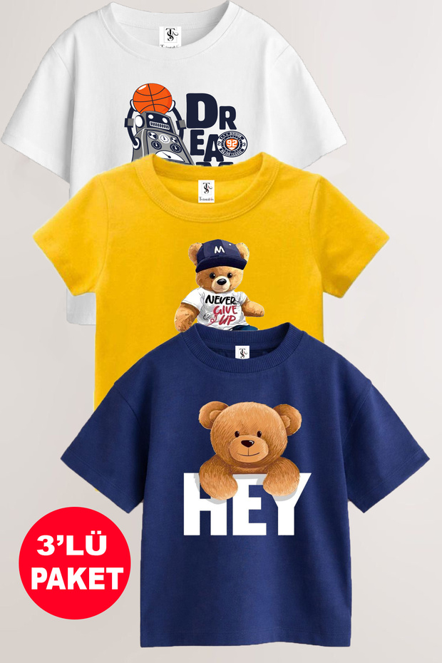 twins tailors Teddy Bear Ve Robot Baskılı 3'lü Paket Unisex Lacivert-Beyaz-Sarı Çocuk T-Shirt
