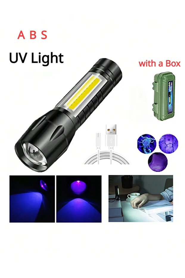 1 PCS with a Box Mini LED+COB UV Flashlight with Variable Focus 395/365nm Flashlight USB Cha