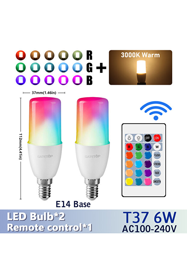 AC100-240V نعم E14 3000K قطعتان E14/E27/B22 T37 مصباح LED متعدد الألوان RGB قابل للتعتيم 16 لونًا مع جهاز تحكم عن بعد
