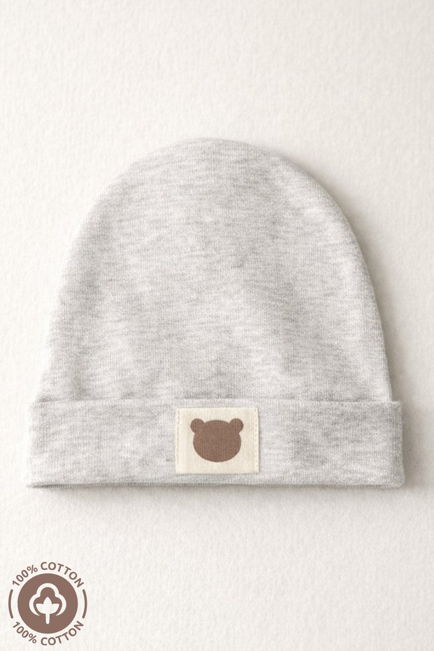 Unisex Baby Beanie with Arma Detail and Teddy Bear, Combed Organic Cotton, Newborn Single Baby Beanie