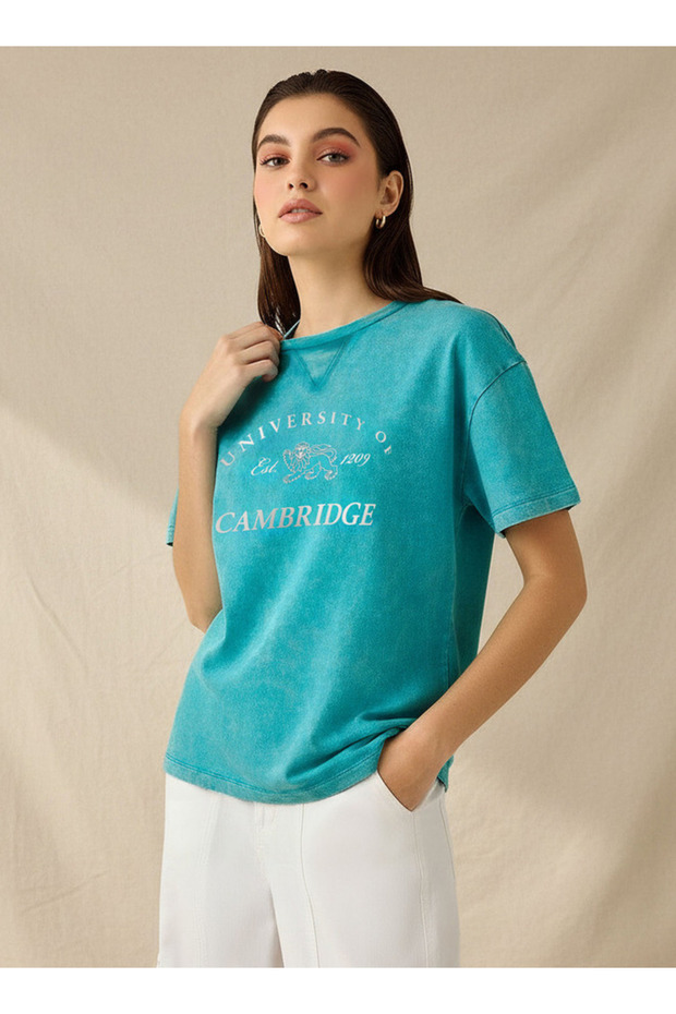 Oversized Cotton Washed T-shirt with Cambridge University Print