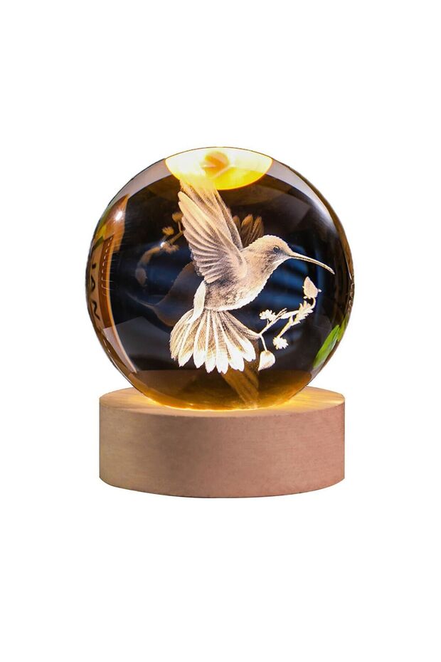 Type A Warm light base 3D Laser Engraved Bird Crystal Ball with LED Stand 60mm Hummingbird Gifts for