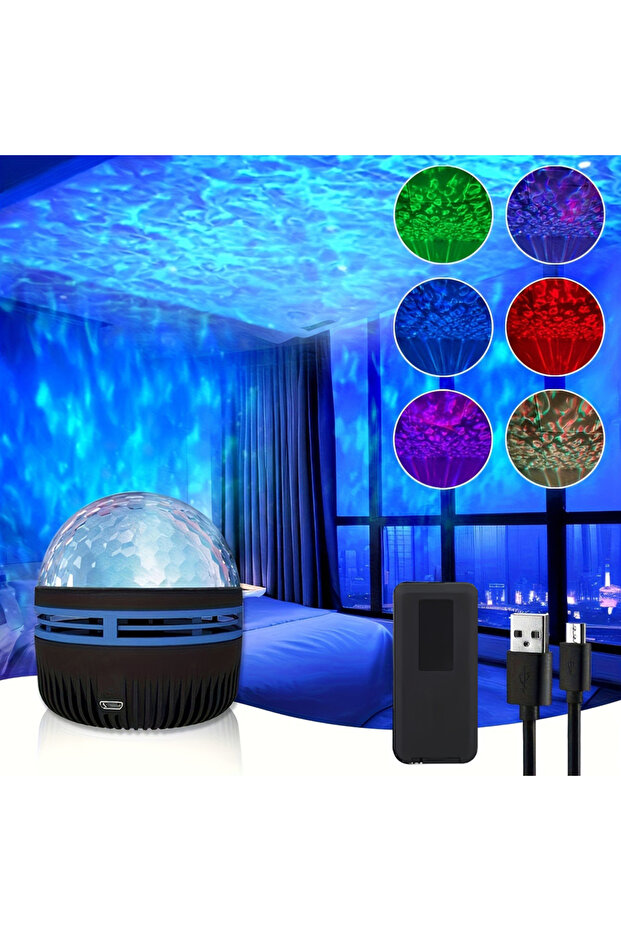 مصباح LED أزرق نابض بالحياة بتأثير تموجات الماء، مزود بجهاز تحكم عن بعد، يعمل بمنفذ USB، يوفر أجواء RGB