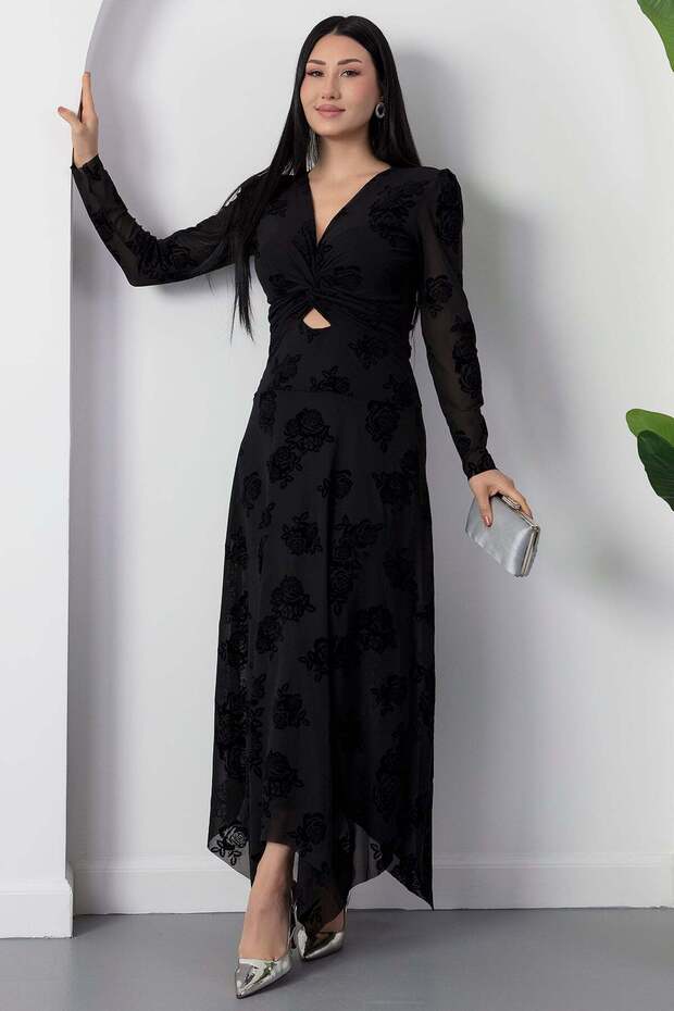 Double-Breasted Collar, Knotted Waist, Long Sleeve Flock Dress Grs3875