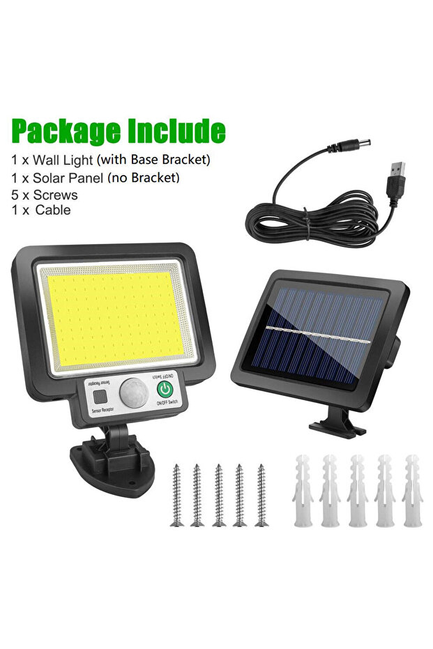مصباح جداري شمسي LED 117COB خارجي مقاوم للماء بمعيار IP65 مزود بمستشعر حركة و3 أوضاع تشغيل يعمل بالطاقة الشمسية