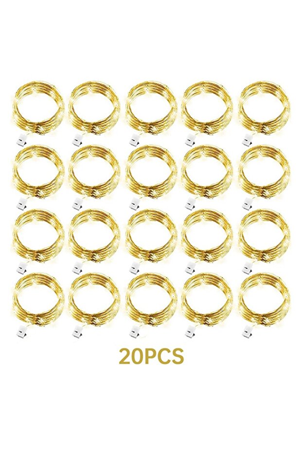20 مصباح LED - 2 متر، لون أبيض دافئ، عبوة من 20 مصباح LED، سلك نحاسي فضي بطول 2 متر، يعمل بالبطارية