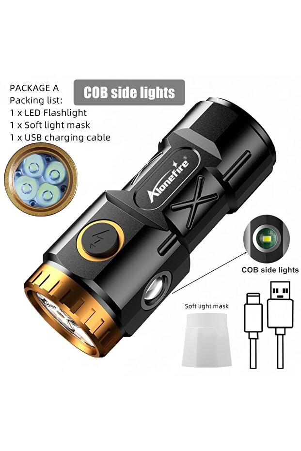مصباح يدوي صغير 18350 أسود X84-Gold-COB- 4xP35 LED مع إضاءة جانبية COB، قابل للشحن عبر USB، محمول وخفيف الوزن.