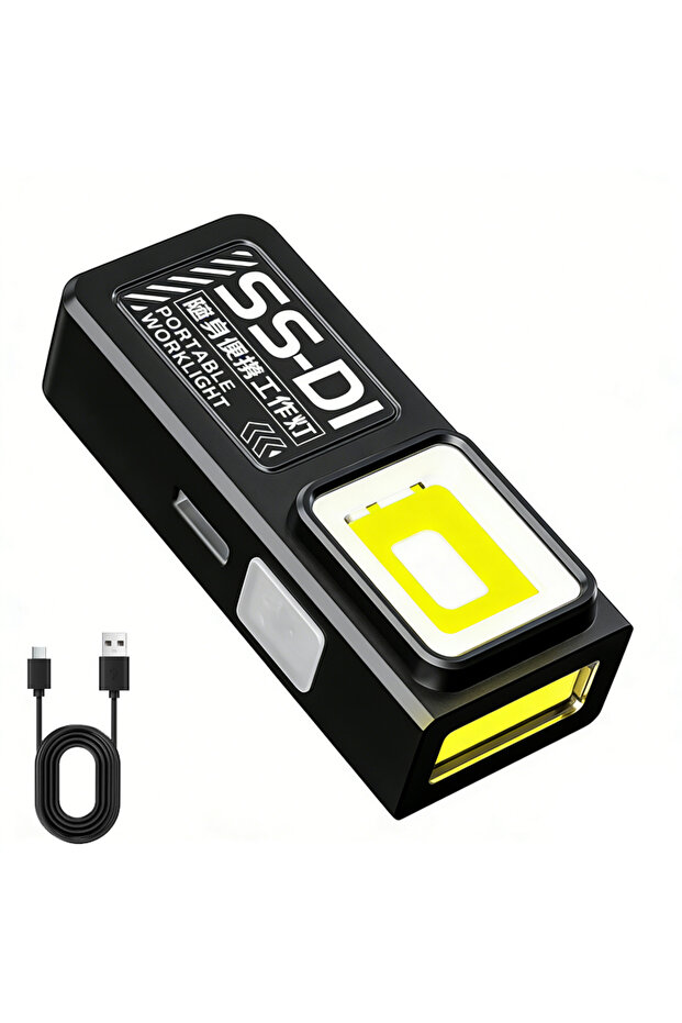 مصباح يدوي صغير أسود اللون بتقنية COB LED، قابل لإعادة الشحن عبر منفذ USB-C، مصباح عمل قوي مزود بمشبك مغناطيسي ومقاوم للماء