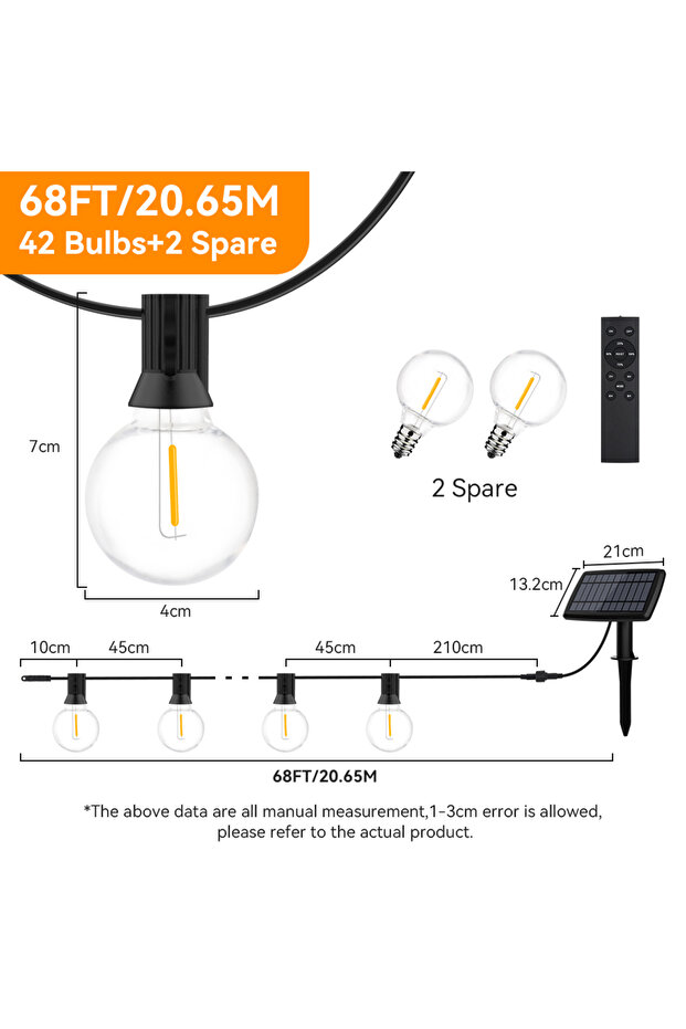 20M 42 Lamps Solar G40 String Light Outdoor Solar Fairy Lights Waterproof Patio Lights With 4400mAh