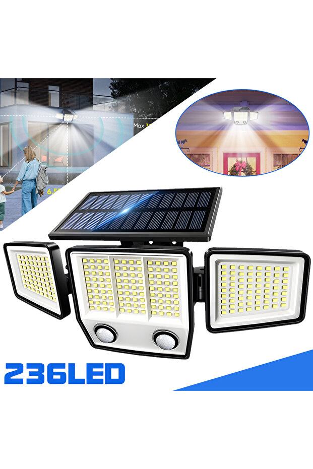 مصباح شمسي خارجي بـ 236 مصباح LED مع مستشعر حركة، 3 رؤوس، مقاوم للماء IP65، إضاءة أمان للحدائق