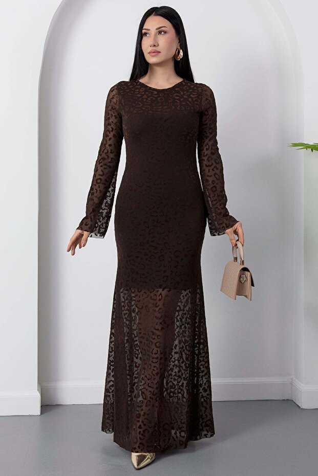 Crew Neck Long Sleeve Flocked Print Dress Grs3874