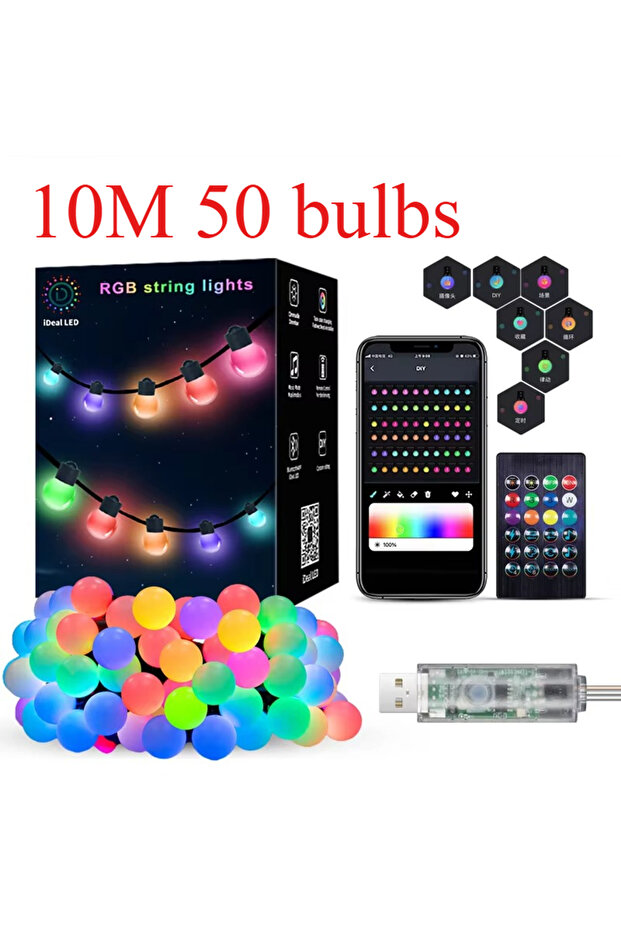 سلسلة إضاءة كروية ذكية بطول 10 أمتار و50 مصباحًا، سلسلة إضاءة LED متغيرة الألوان RGB بطول 5/10 أمتار، مزودة بتطبيق وجهاز تحكم عن بعد