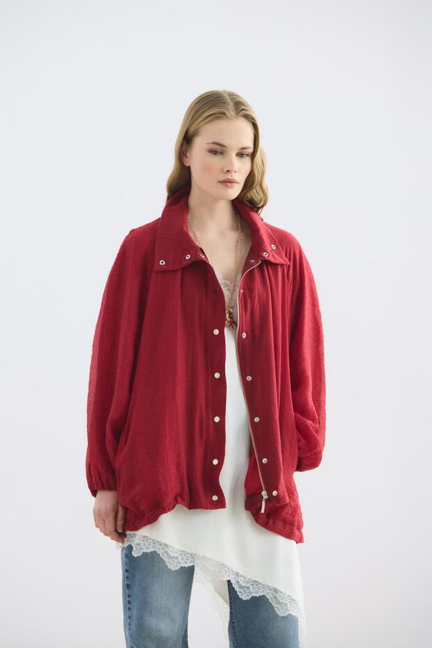 High Collar Drawstring Bomber Jacket Red