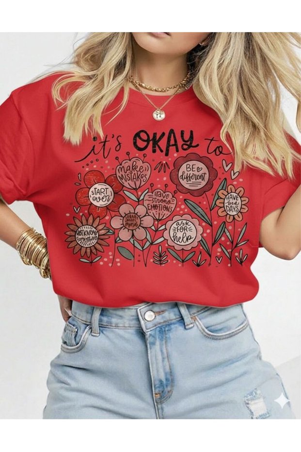 it's Okay To Flowers Short Sleeve Cotton T-Shirt