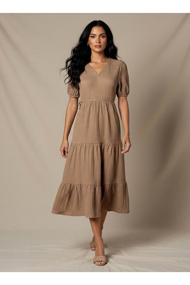 Midi Textured Tiered Dress with Short Puff Sleeves