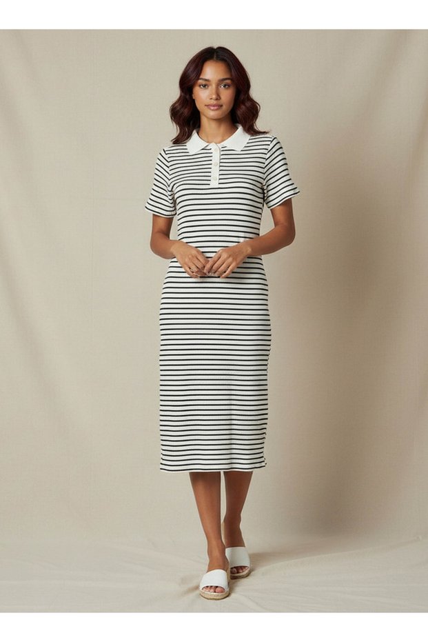 Striped T-shirt Dress with Contrast Collar