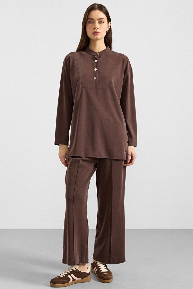 Metal Buttoned Premium Fabric Sweat Pant Set Brown 9405-Tk
