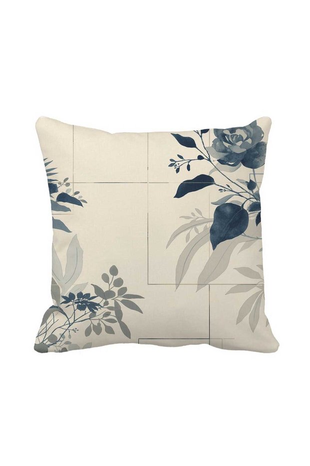 Minimal Botanical Patterned Beige Decorative Throw Pillow Cover - Modern Design in Gray Tones 43X43 cm