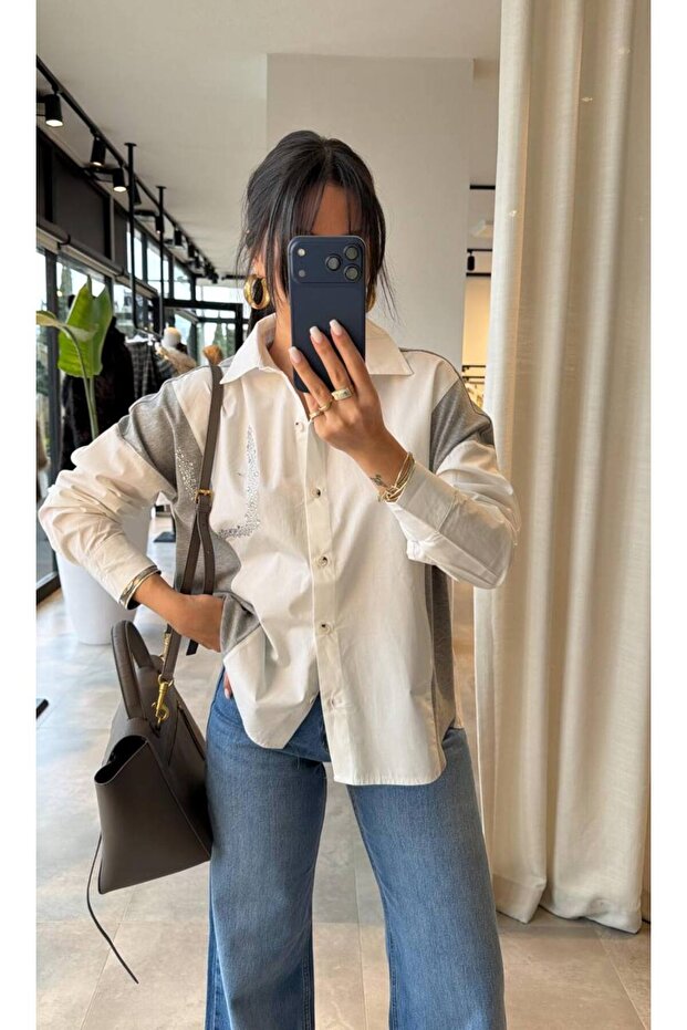 Women's Garnished Stone-Detail Oversized Shirt White Gray