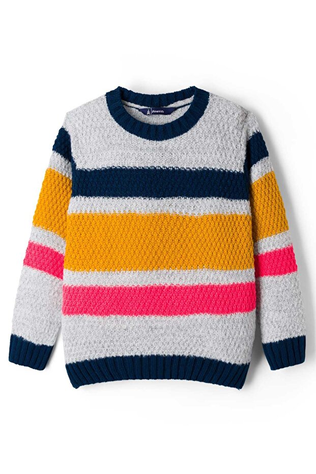 Knit Full Sleeves Pullover Sweater with Stripes Design - Multicolor