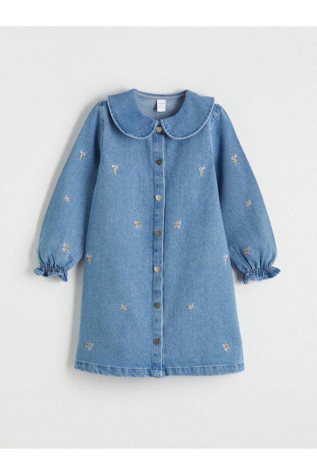 Mg Trenden Indigo Baby Collar Embroidered Girls' Jean Dress