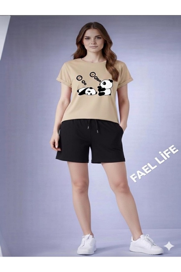 Wide Cut Girls'/Boys' T-Shirt and Shorts Set with Tenbel Panda Print