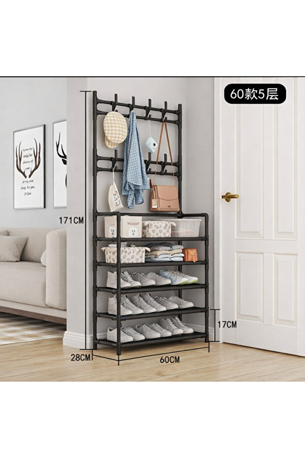 5 Tier Shoe Rack Storage Organizer with Hooks Space Saving Entryway Shelf 60x28x171cm