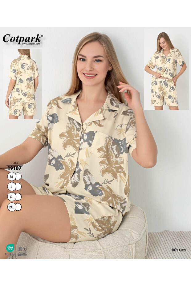 Women's 100% Cotton Short-Sleeve Shorts Pajamas Set 19107