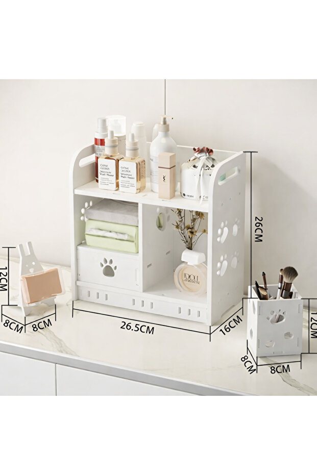 Desktop Makeup Organizer Storage Shelf With Drawer And Brush Holder 26.5x16x26cm