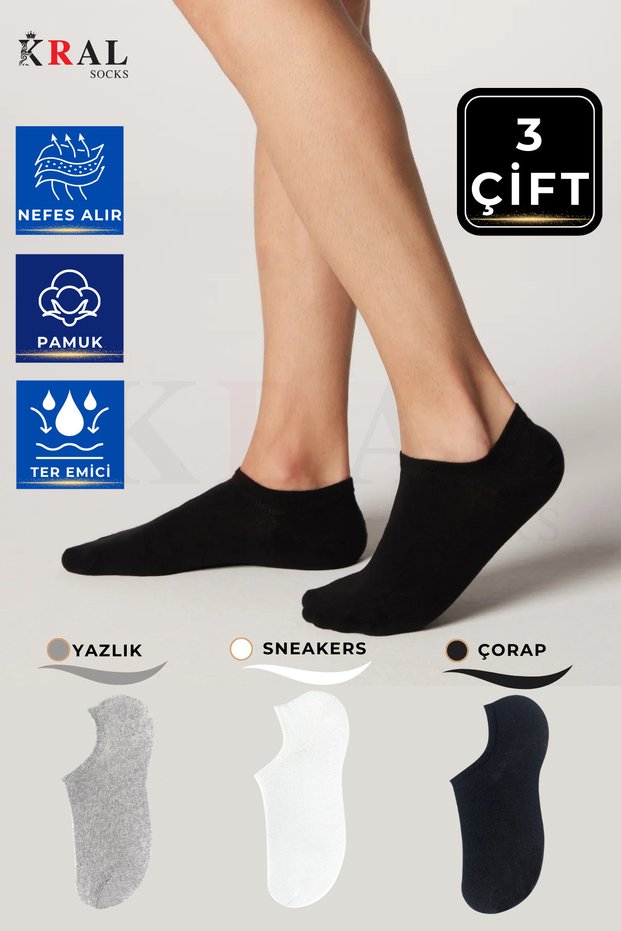 Unisex 3 Pairs Cotton Sneaker Invisible Anti-Sweat Socks