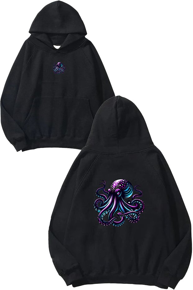 8-Armed Octopus Design Printed Oversize Black Hooded Sweatshirt