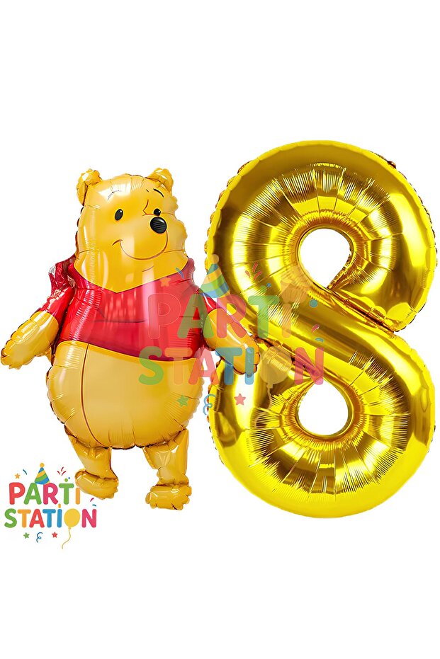 Winnie the Pooh Themed 8 Year Old Gold Foil Number Balloon Set