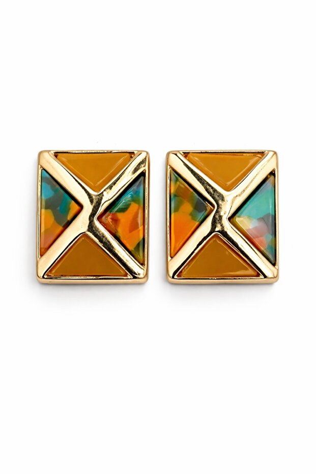 Luxury Women's Yellow Steel Geometric Mosaic Pattern Retro Stud Earrings