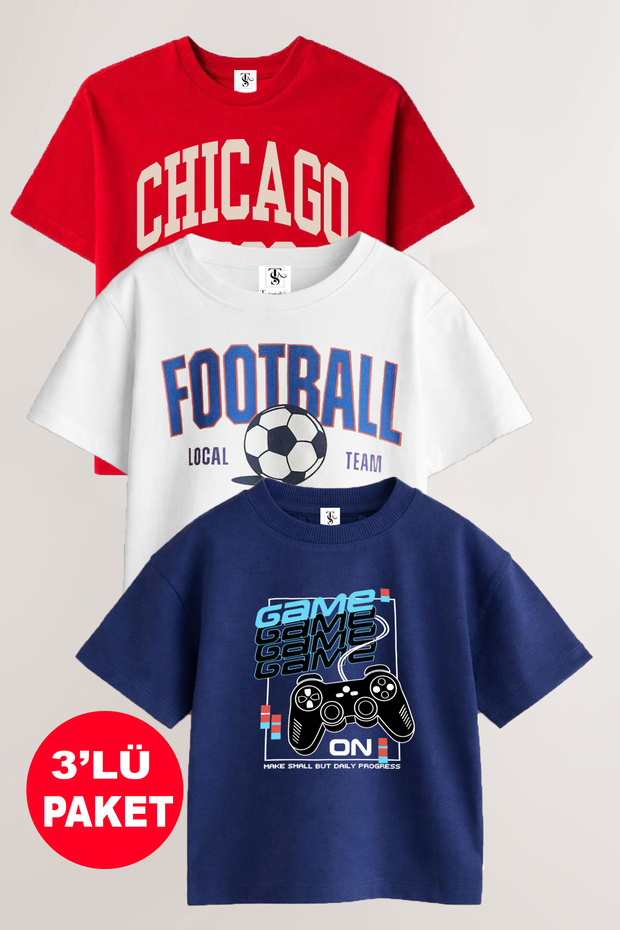 Game Handle and Football Printed 3-Pack Unisex Red-White-Navy Blue Children's T-Shirt