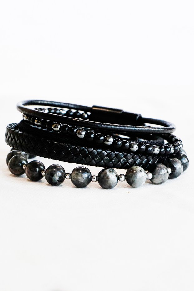 Men's Bracelet Triple Combination Onyx Natural Stone + Genuine Leather Bracelet + Spectrolite Natural Stone Bracelet
