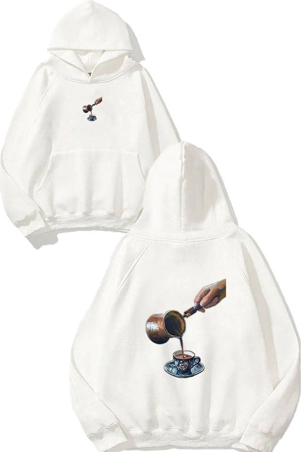 Cezve Turkish Coffee Design Printed Oversize White Hooded Sweatshirt