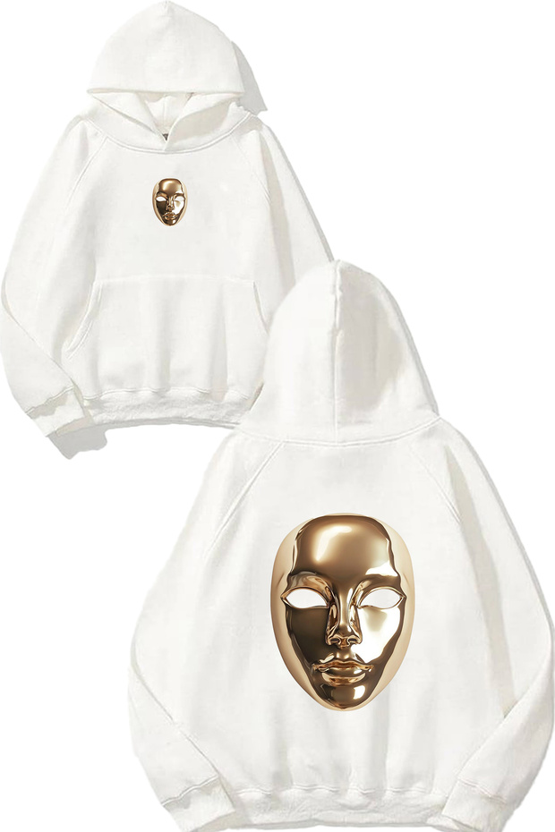 Gold Mask Design Printed Oversize White Hooded Sweatshirt