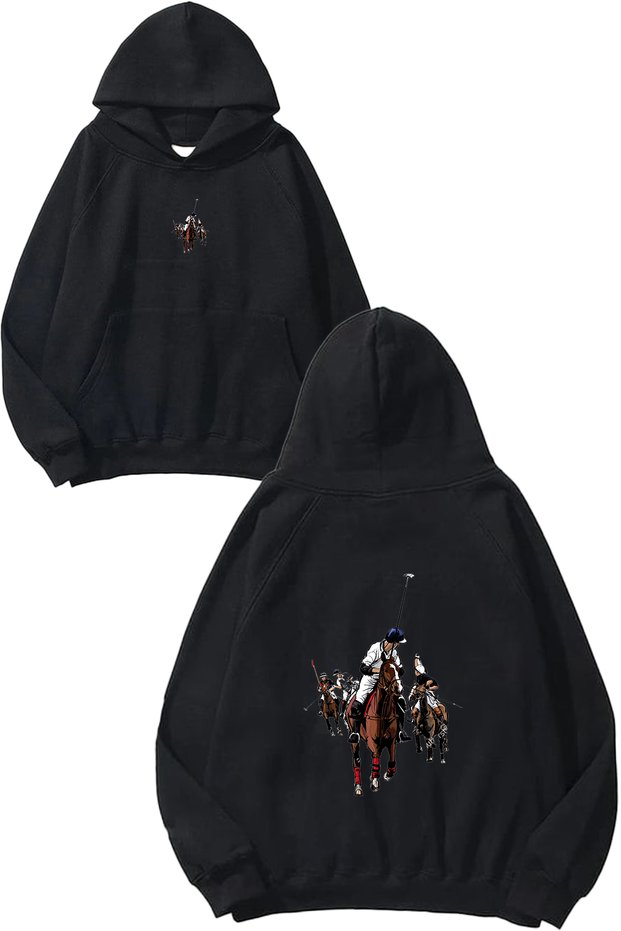 Horse Battle Design Printed Oversize Black Hooded Sweatshirt