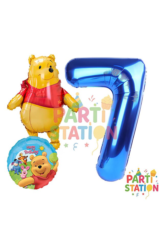 Winnie the Pooh Themed 7 Year Old Dark Blue Foil Number Balloon Set 3 Pieces Birthday Decorations
