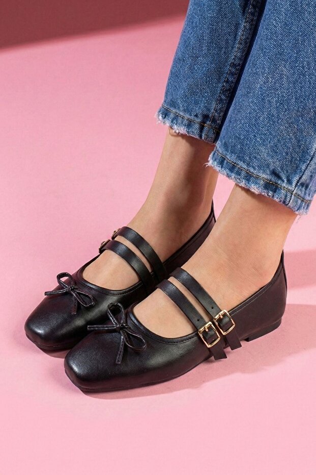 Eterna Black Leather Bowknot Gold Buckle Double Strap Ballerinas