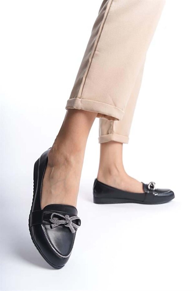 Women's Tendi Black Bow Stone Decorated Flat Ballerinas