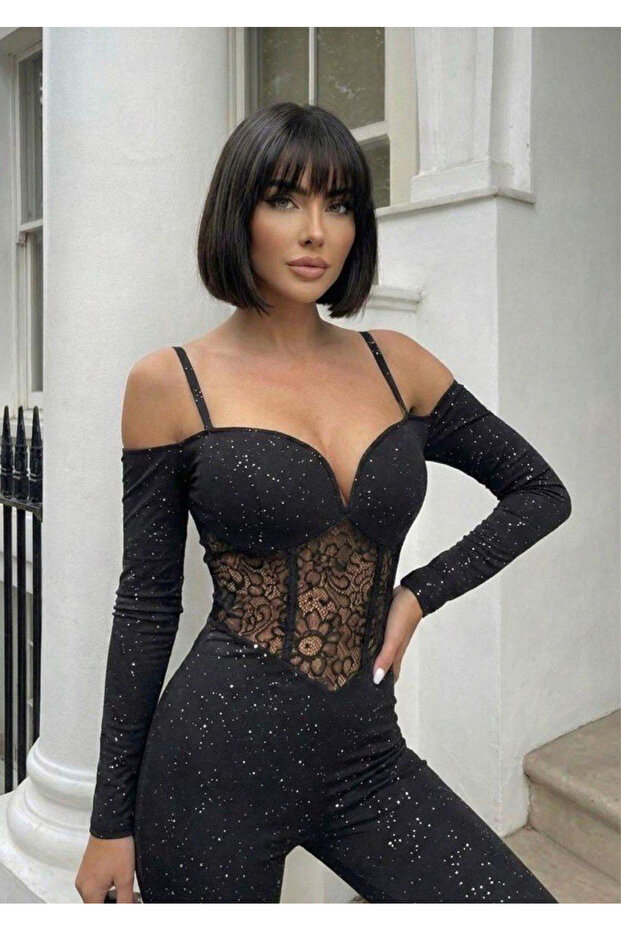 Taşlı Dantelli Tulum - 3