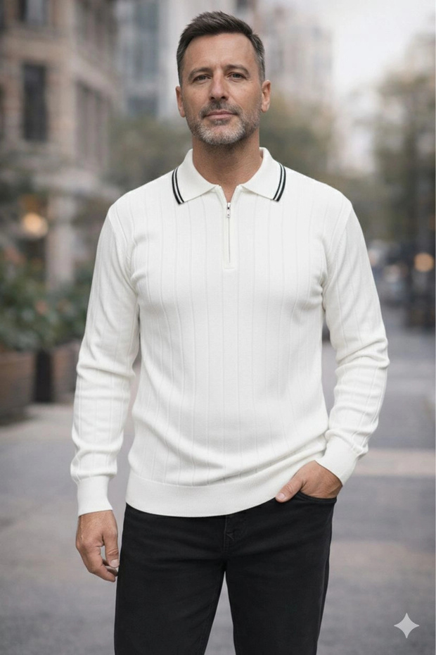 Men's Striped Polo Collar Zippered Sweatshirt