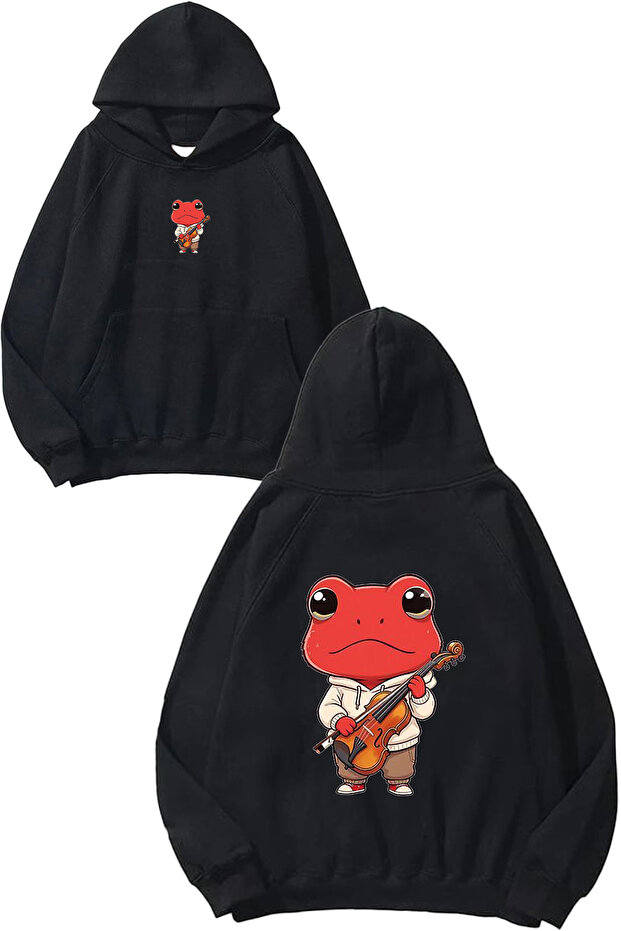 Violinist Frog Design Printed Oversize Black Hooded Sweatshirt