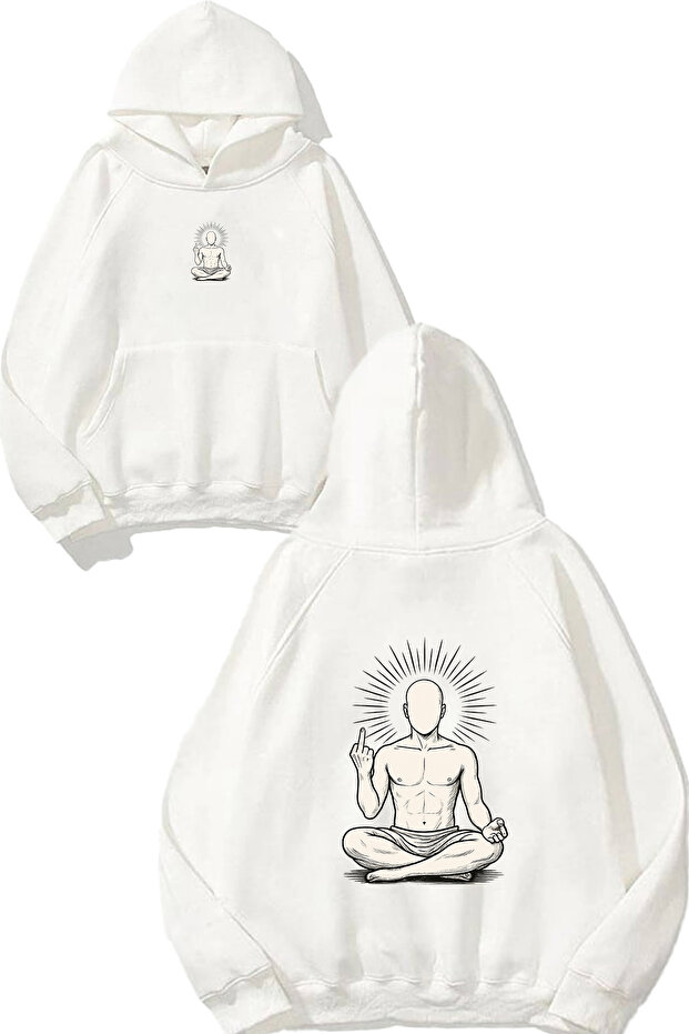 Relaxation Meditation Design Printed Oversize White Hooded Sweatshirt