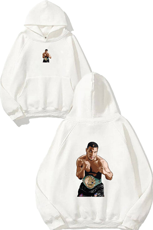 Boxer Design Printed Oversize White Hooded Sweatshirt