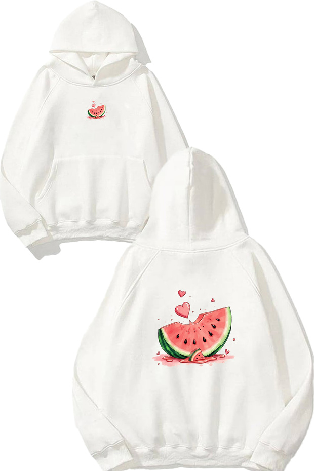 Watermelon Slice Design Printed Oversize White Hooded Sweatshirt
