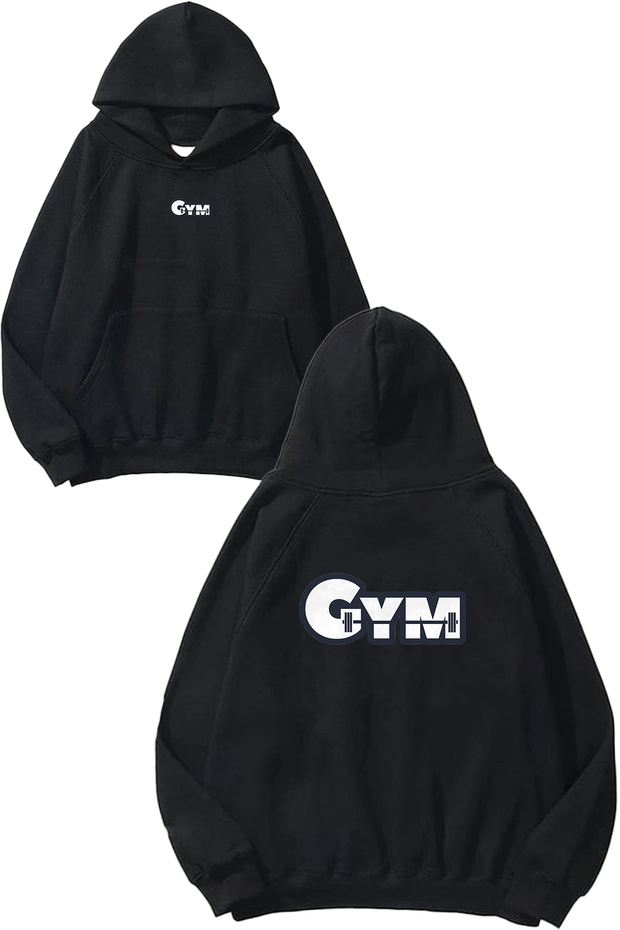 Gym 3 Design Printed Oversize Black Hooded Sweatshirt
