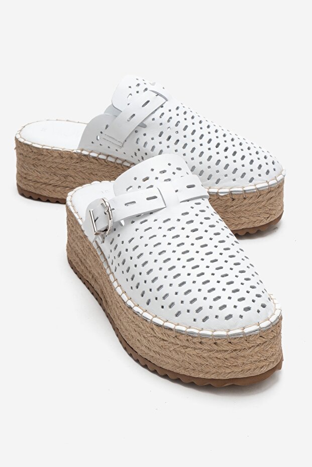 Louis White Skin Genuine Leather Closed Toe Straw Wedge Sole Slippers